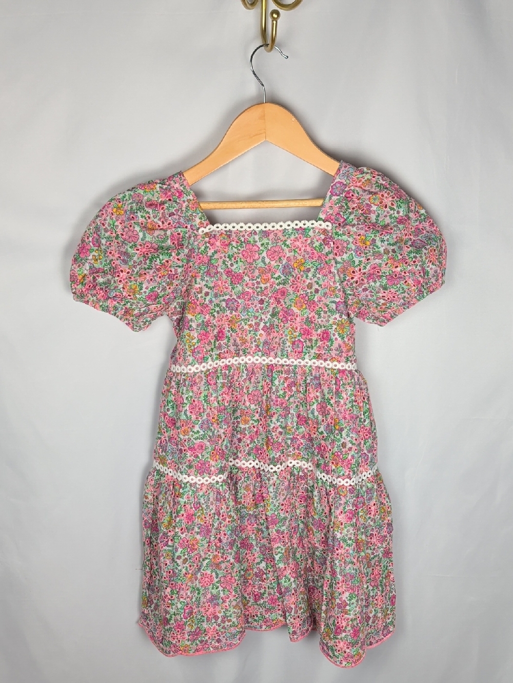 Monsoon Girls Pink Broderie Floral Puff Sleeve 100% Cotton Dress, 7 UK